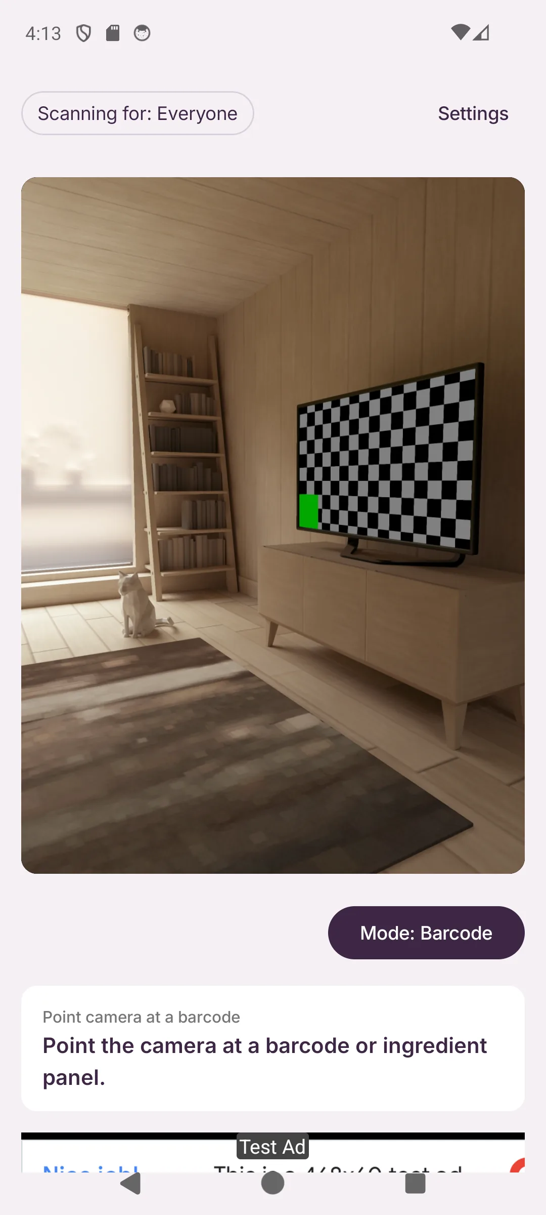 Welwa main scan screen showing the family-member chip, camera viewfinder, and barcode-mode selector